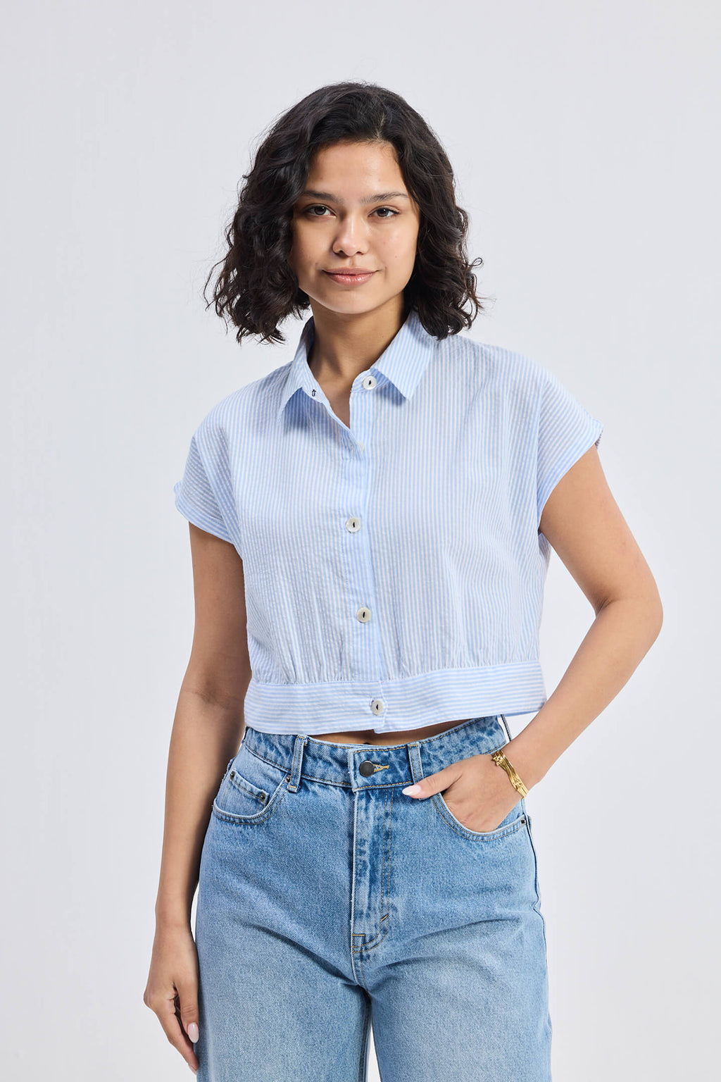 Oversized Crop Shirt in Classic Stripes