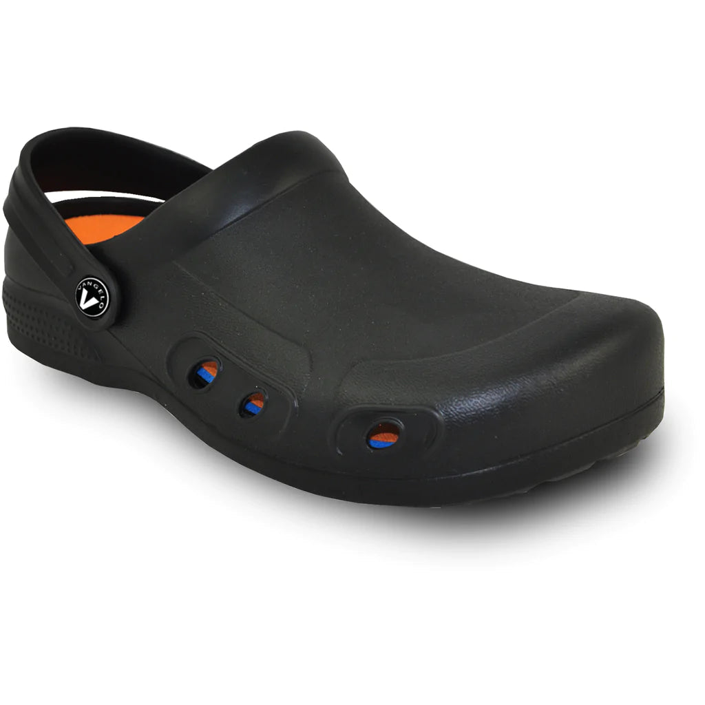 Black clog shoe on a white background
