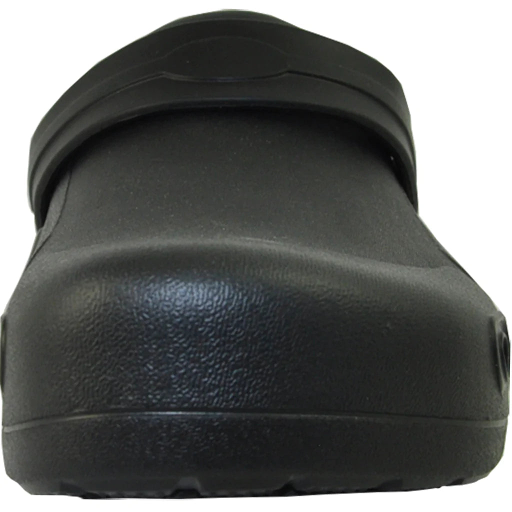 Black clog shoe on a white background