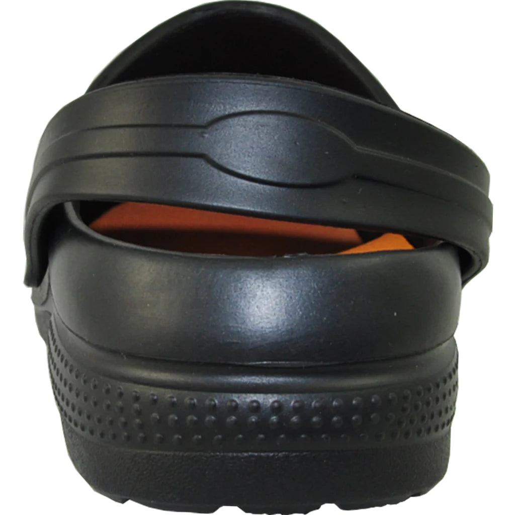 Black sandal with orange lining on a white background