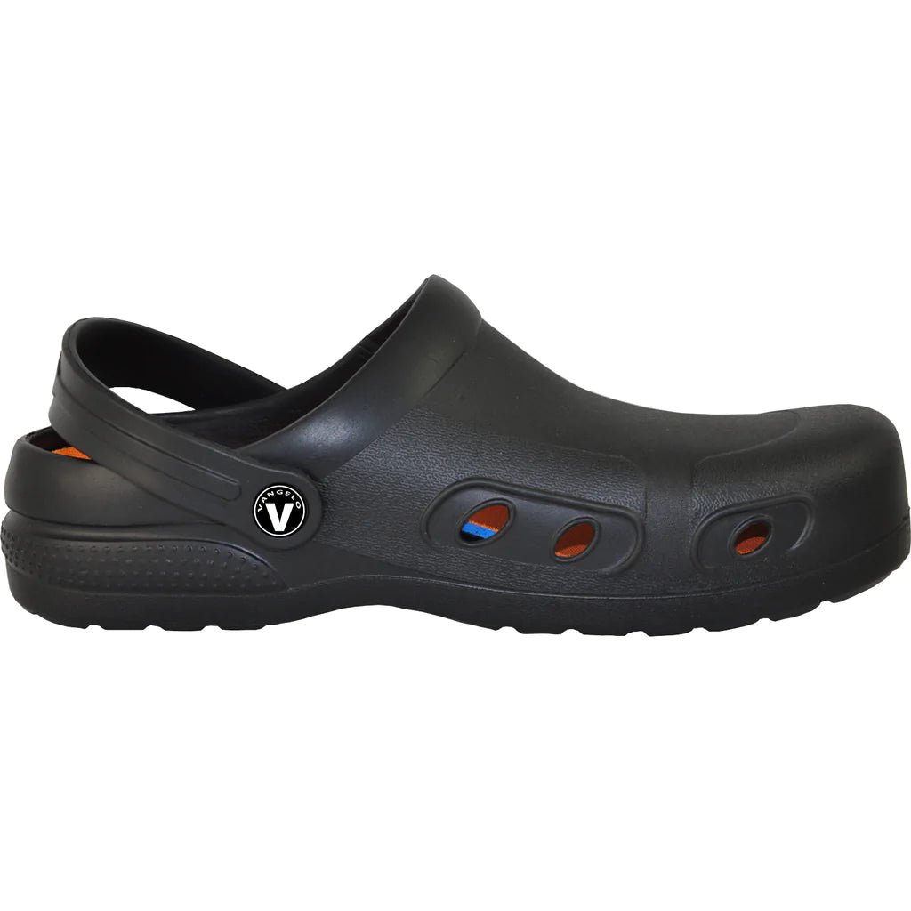 Black clog shoe with a visible brand logo on a white background