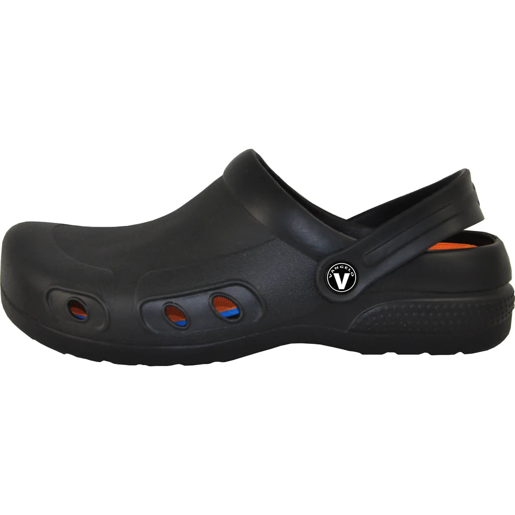 Black clog shoe with a brand logo on a white background