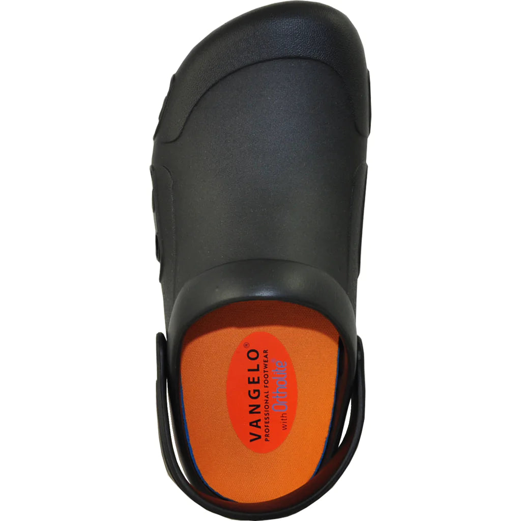 Black shoe with orange sole featuring 'Vangelo' branding on a white background