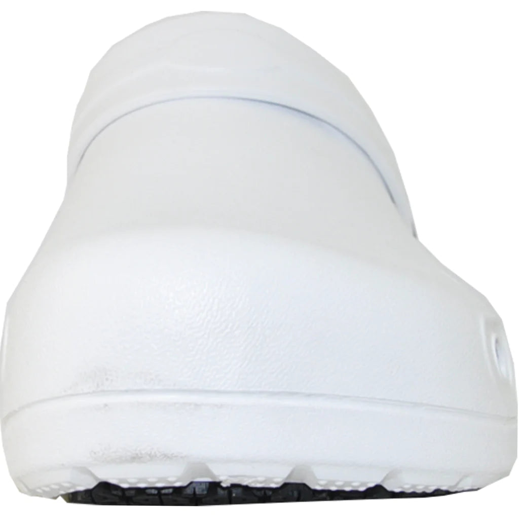 White shoe with a black sole on a white background