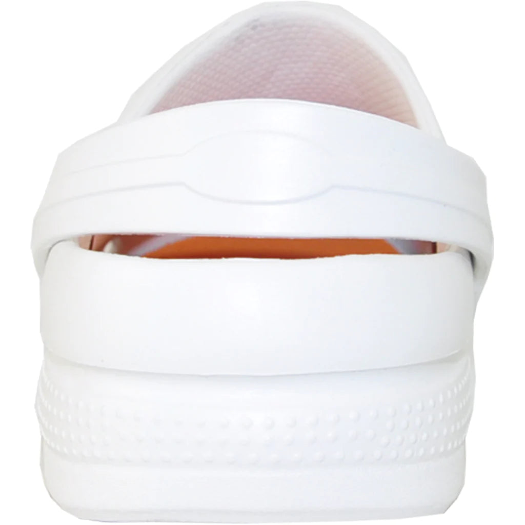 White sandal with a textured sole on a white background