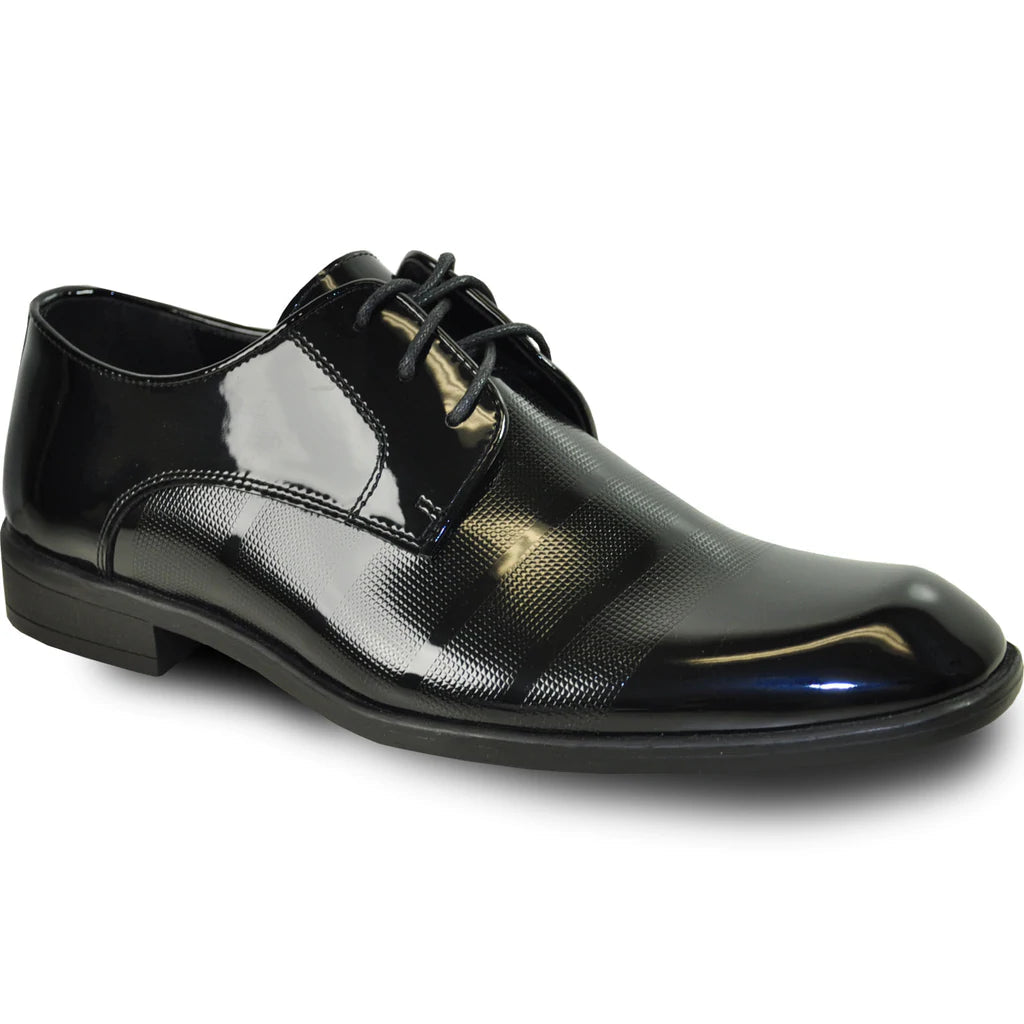 Black patent leather dress shoe on a white background