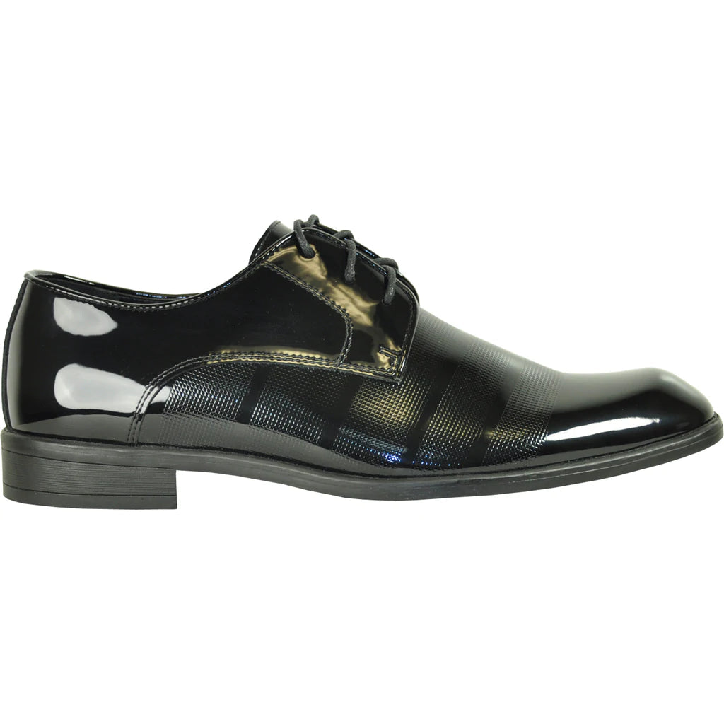 Black patent leather dress shoe on a white background
