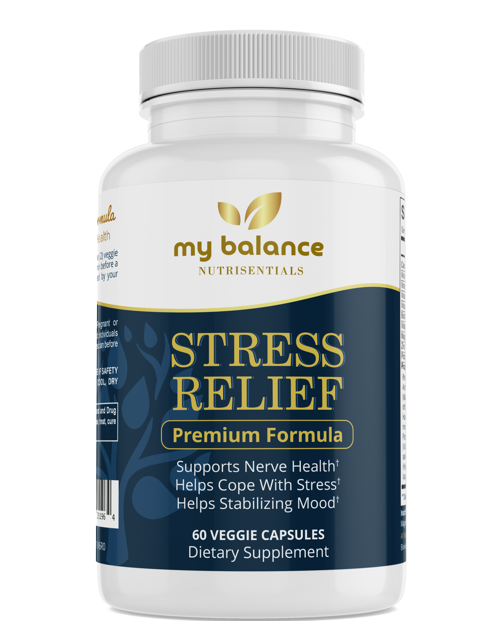 Supplement bottle labeled 'Stress Relief' by 'my balance' on a white background